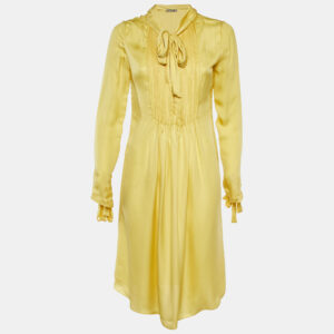 Bottega Veneta Yellow Silk Pleated Detail Tie Neck Dress M
