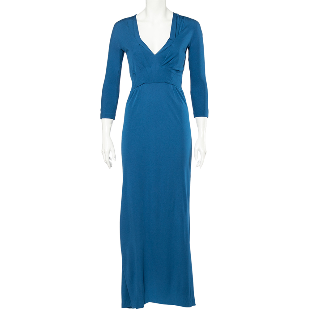 luxury-women-bottega-veneta-used-clothes-p515365-006-1 Bottega Veneta Blue Crepe V-Neck Long Sleeve Maxi Dress S