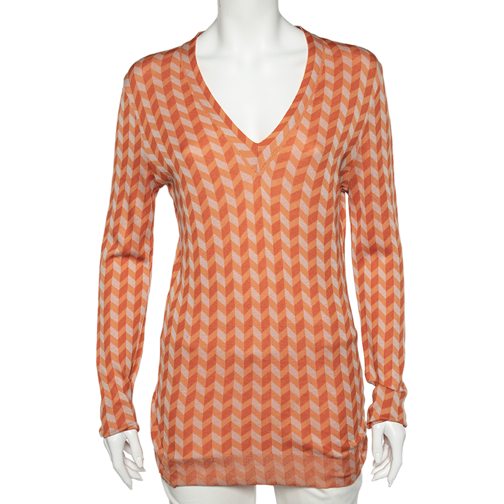 luxury-women-bottega-veneta-used-clothes-p519039-001 Bottega Veneta Orange Chevron Knit V-Neck Long Sleeve Sweater M