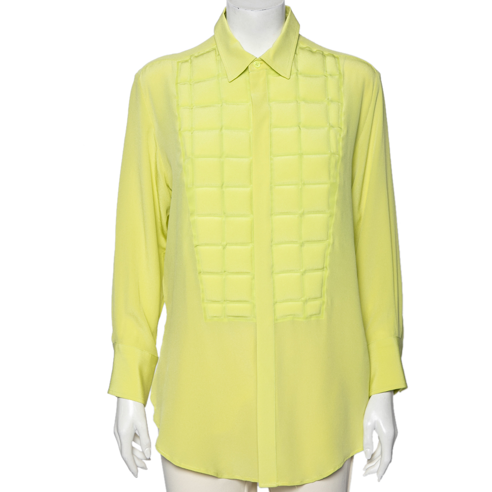 luxury-women-bottega-veneta-used-clothes-p591861-010-2 Bottega Veneta Green Silk & Quilted Plastron Detailed Tuxedo Shirt M