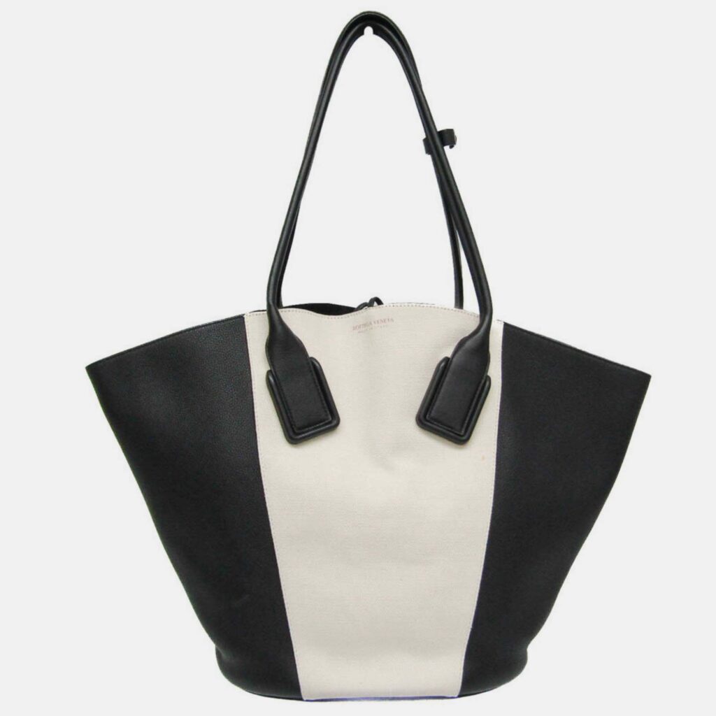 luxury-women-bottega-veneta-used-handbags-p1037238-001 Bottega Veneta Black/Off-white Leather and Canvas Basket Large Tote Bag