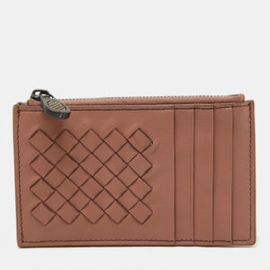 Bottega Veneta Dusty Pink Leather Intrecciato Zip Card Case