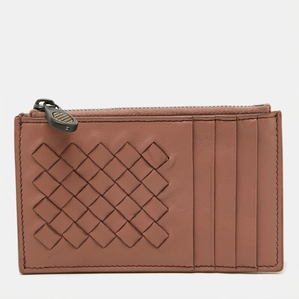 luxury-women-bottega-veneta-used-handbags-p1121742-001 Bottega Veneta Dusty Pink Leather Intrecciato Zip Card Case