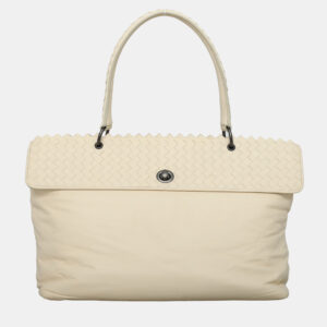 Bottega Veneta Off-White Leather Intrecciato-Trim Top Handle Bag