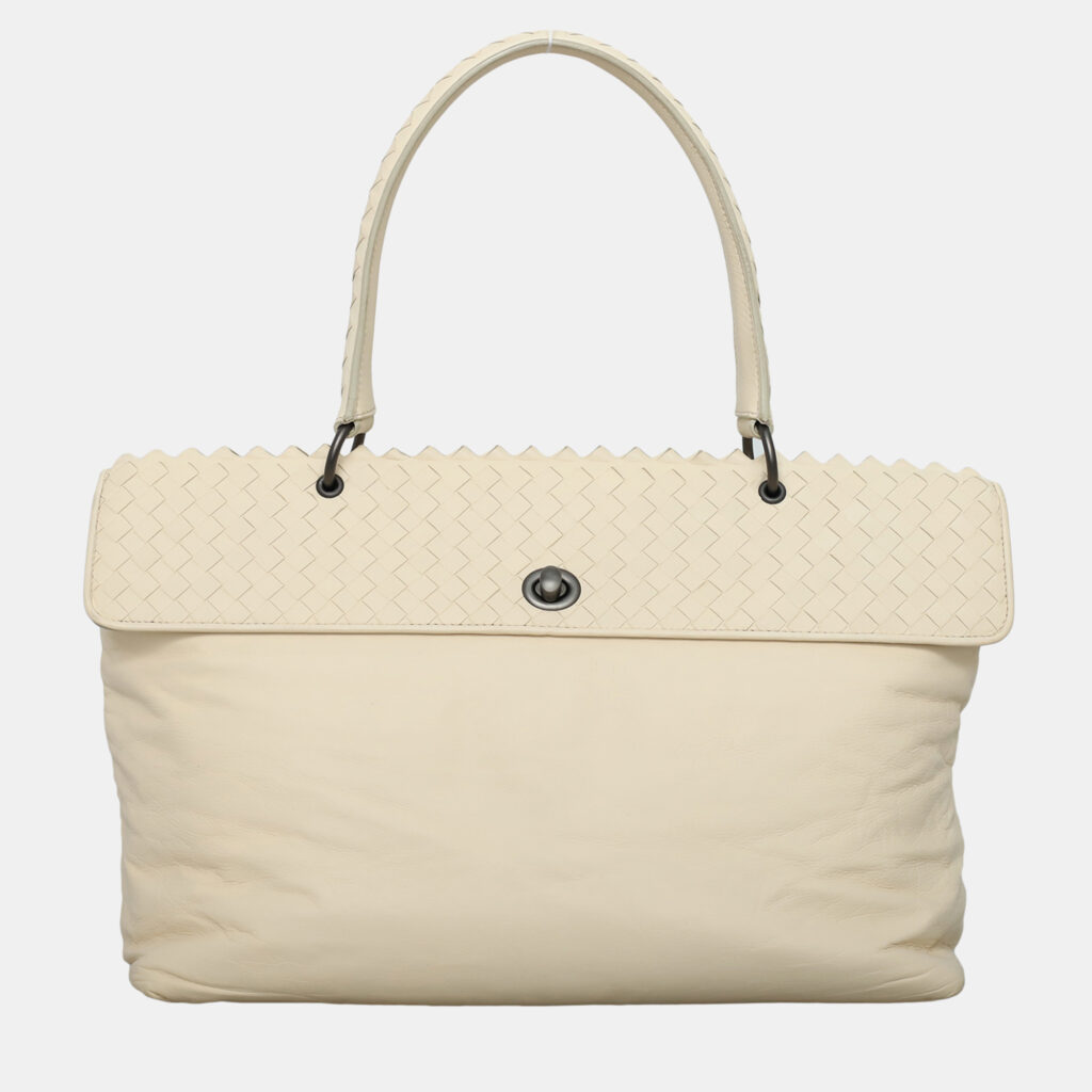 luxury-women-bottega-veneta-used-handbags-p1147341-002 Bottega Veneta Off-White Leather Intrecciato-Trim Top Handle Bag