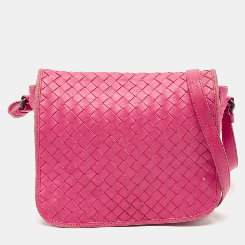luxury-women-bottega-veneta-used-handbags-p1158776-008 Bottega Veneta Fuchsia Intrecciato Leather Flap Crossbody Bag