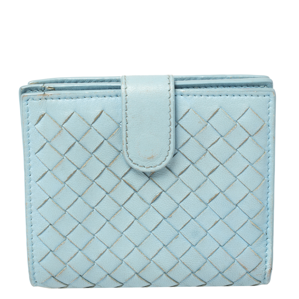 luxury-women-bottega-veneta-used-handbags-p372310-002 Bottega Veneta Blue Intrecciato Leather French Wallet