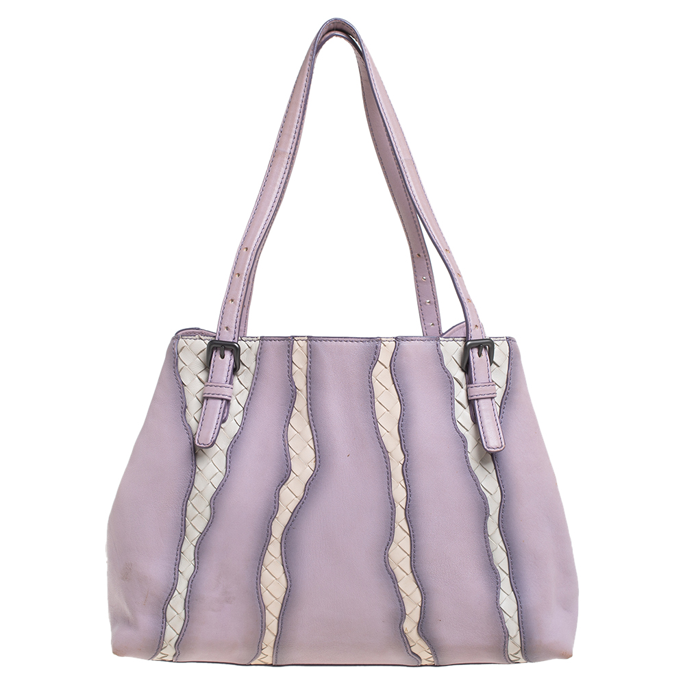 luxury-women-bottega-veneta-used-handbags-p450579-014 Bottega Veneta Lilac And Intrecciato Leather Monalisa Tote