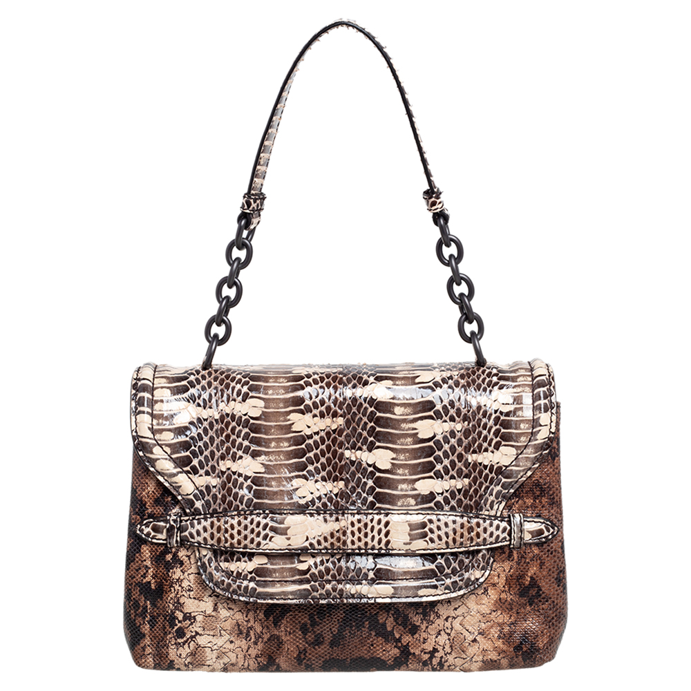 luxury-women-bottega-veneta-used-handbags-p486155-004 Bottega Veneta Brown Intrecciato Karung and Watersnake Detail Flap Shoulder Bag