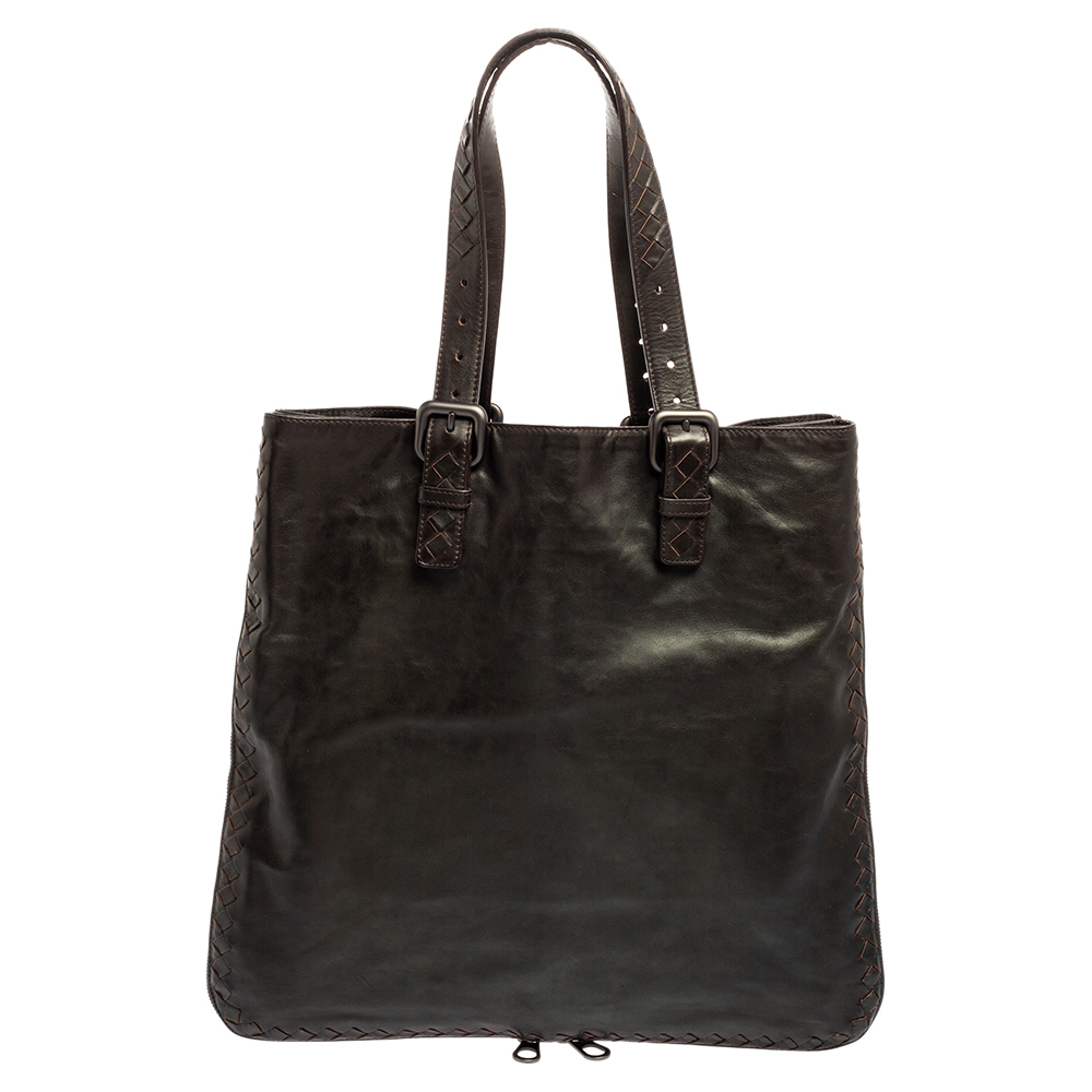 luxury-women-bottega-veneta-used-handbags-p575338-010-2 Bottega Veneta Dark Brown Intrecciato Trim Leather Expandable Tote