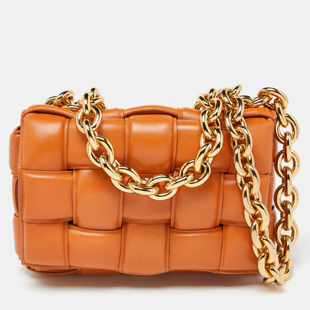 luxury-women-bottega-veneta-used-handbags-p943653-014 Bottega Veneta Pale Orange Leather Chain Cassette Top Handle Bag