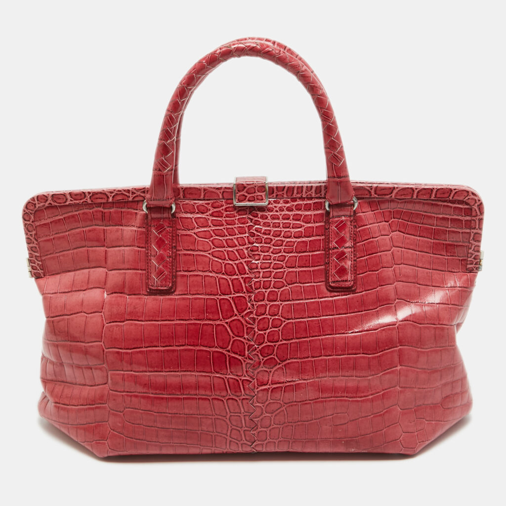 luxury-women-bottega-veneta-used-handbags-p946932-005 Bottega Veneta Pink Crocodile Frame Tote