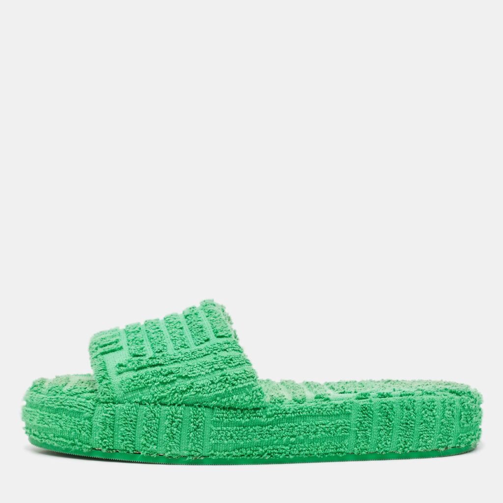 luxury-women-bottega-veneta-used-shoes-p1005164-003 Bottega Veneta Green Cotton Fabric Sponge Platform Slides Size 36