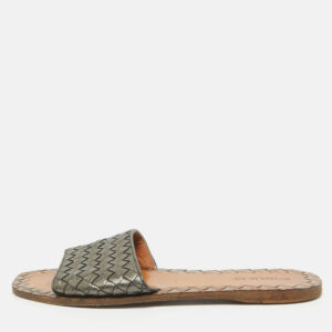 Bottega Veneta Metallic Grey Intrecciato Leather Flat Slides Size 39