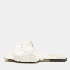 Bottega Veneta White Woven Leather Lido Flat Slides Size 37.5