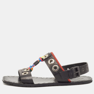 Bottega Veneta Black Leather Grommet Slingback Flat Sandals Size 40