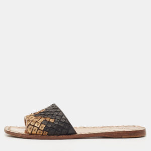 Bottega Veneta Gold/Black Intrecciato Leather Flat Slides Size 35.5