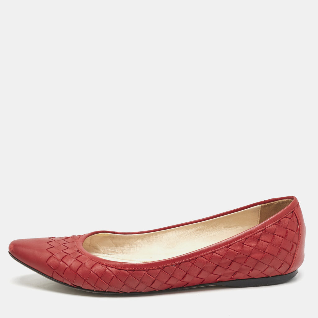 luxury-women-bottega-veneta-used-shoes-p1125322-003 Bottega Veneta Red Intrecciato Leather Ballet Flats Size 36
