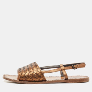 Bottega Veneta Bronze Intrecciato Leather Calvados Flat Sandals Size 40