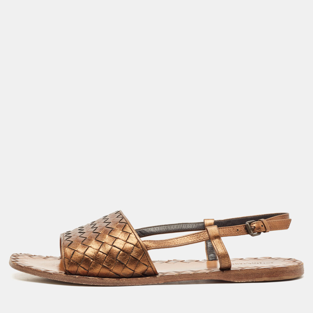 Bottega Veneta Bronze Intrecciato Leather Calvados Flat Sandals Size 40
