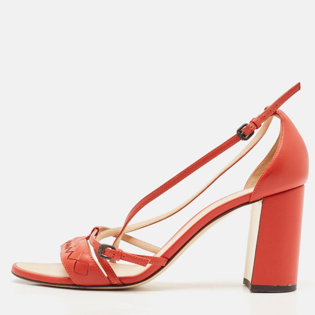 Bottega Veneta Red Leather Intrecciato Ankle Strap Sandals Size 40.5