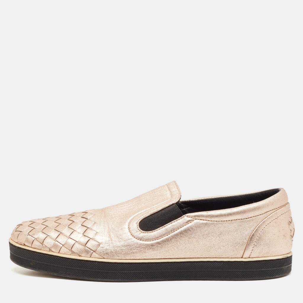 Bottega Veneta Metallic Pink Intrecciato Leather Slip On Sneakers Size 38.5