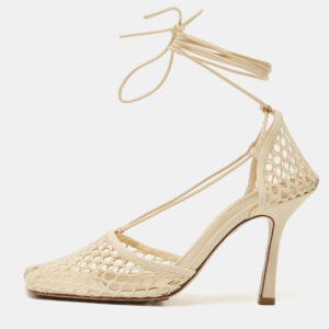 Bottega Veneta Cream Leather and Mesh Stretch Ankle Strap Sandals Size 39