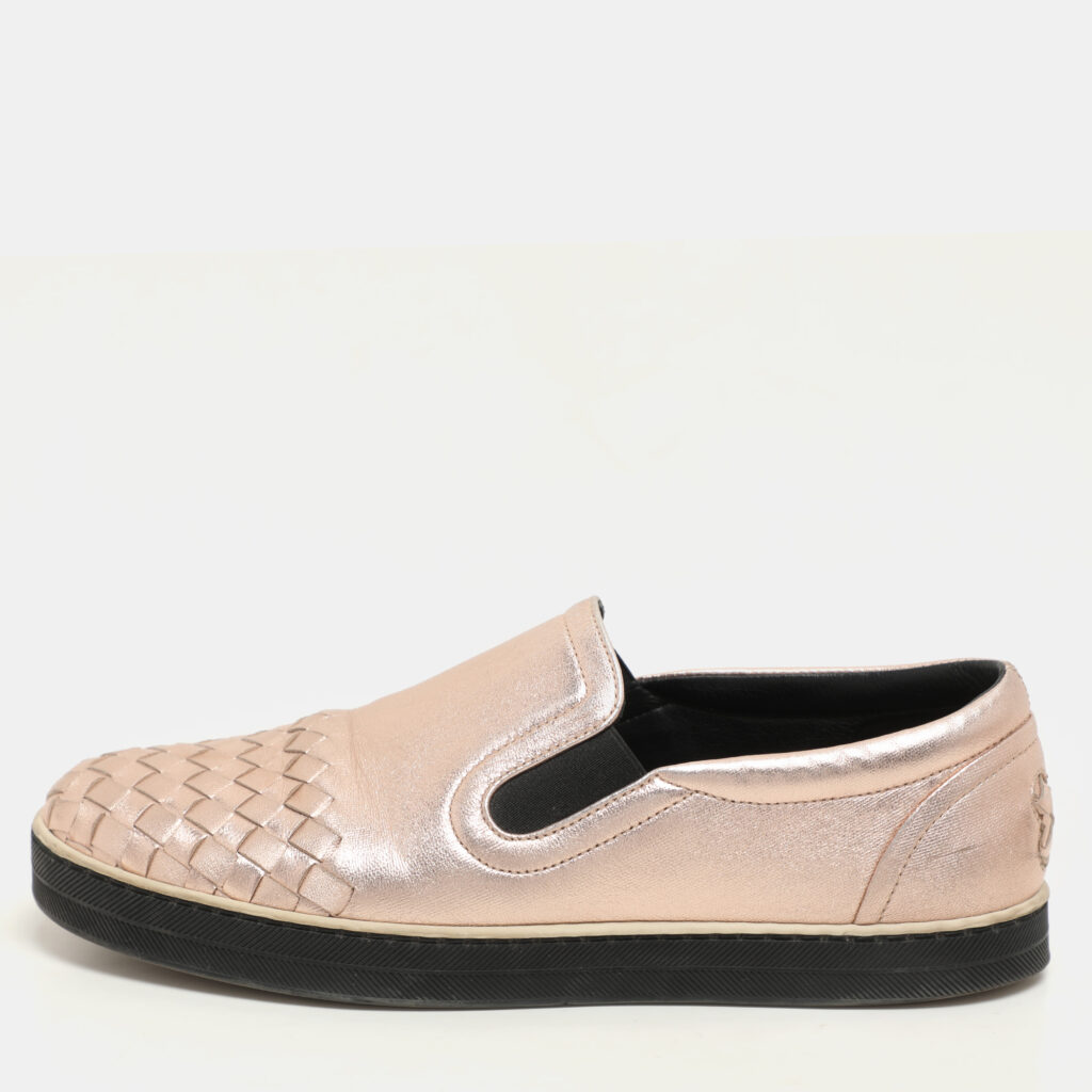 Bottega Veneta Rose Gold Intrecciato Leather Slip On Sneakers Size 37