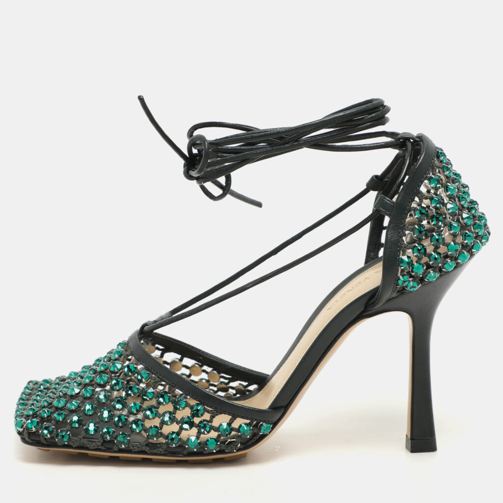 Bottega Veneta Green Leather and Mesh Stretch Embellished Ankle Wrap Sandals Size 37