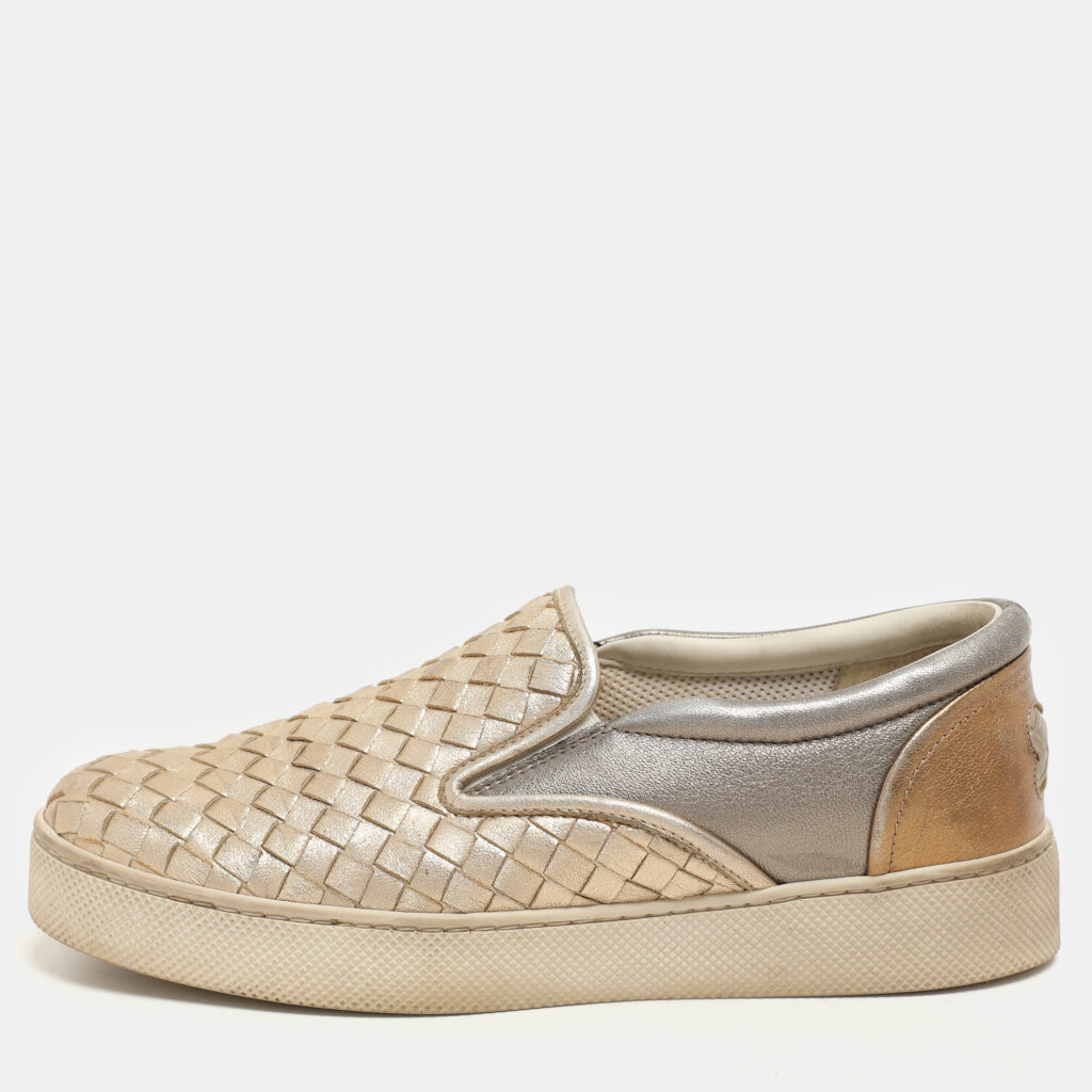 Bottega Veneta Gold Intrecciato Suede Dodger Slip On Sneakers 36