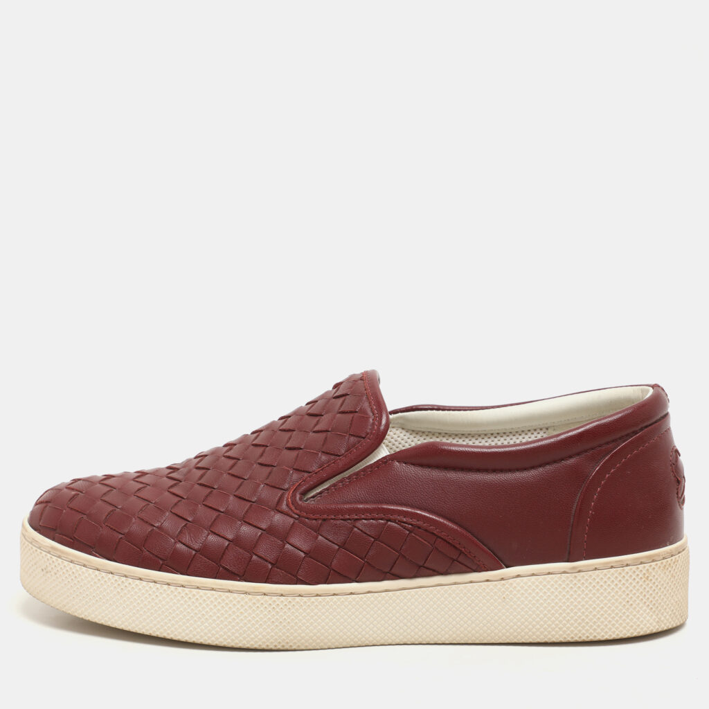 luxury-women-bottega-veneta-used-shoes-p1145895-007 Bottega Veneta Burgundy Intrecciato Leather Dodger Slip On Sneakers 36