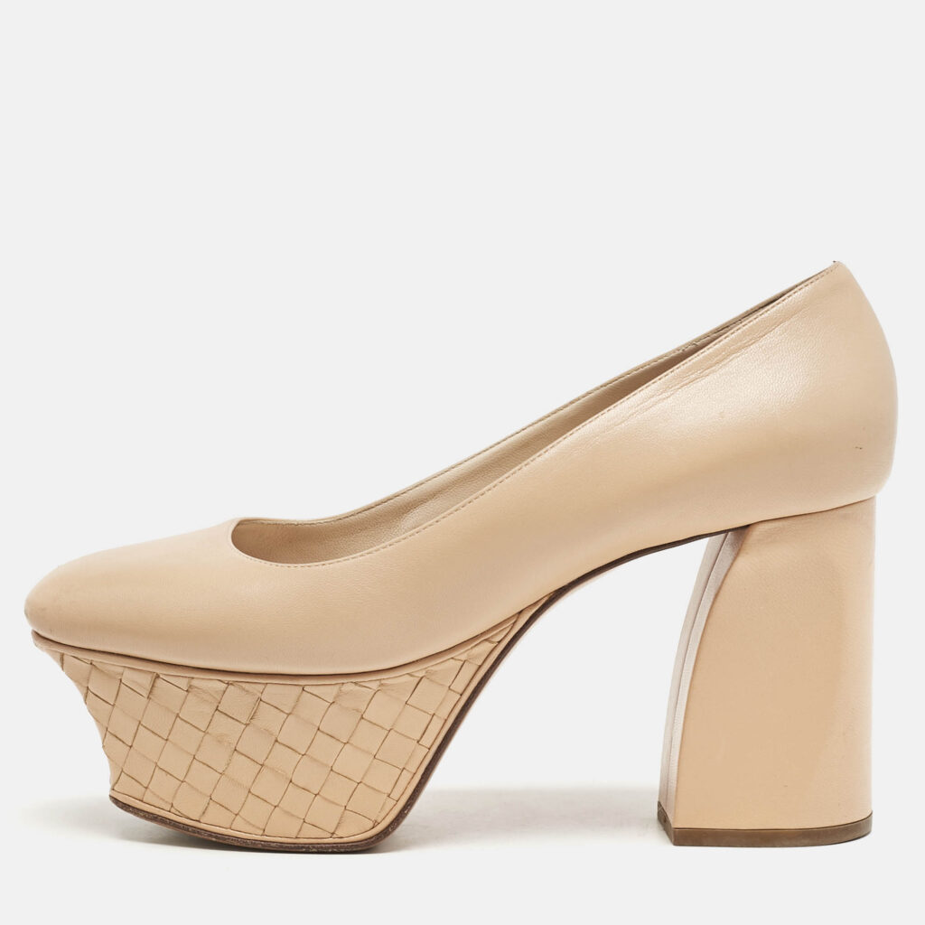 luxury-women-bottega-veneta-used-shoes-p1149343-011 Bottega Veneta Beige Leather Intrecciato Platform Pumps Size 38