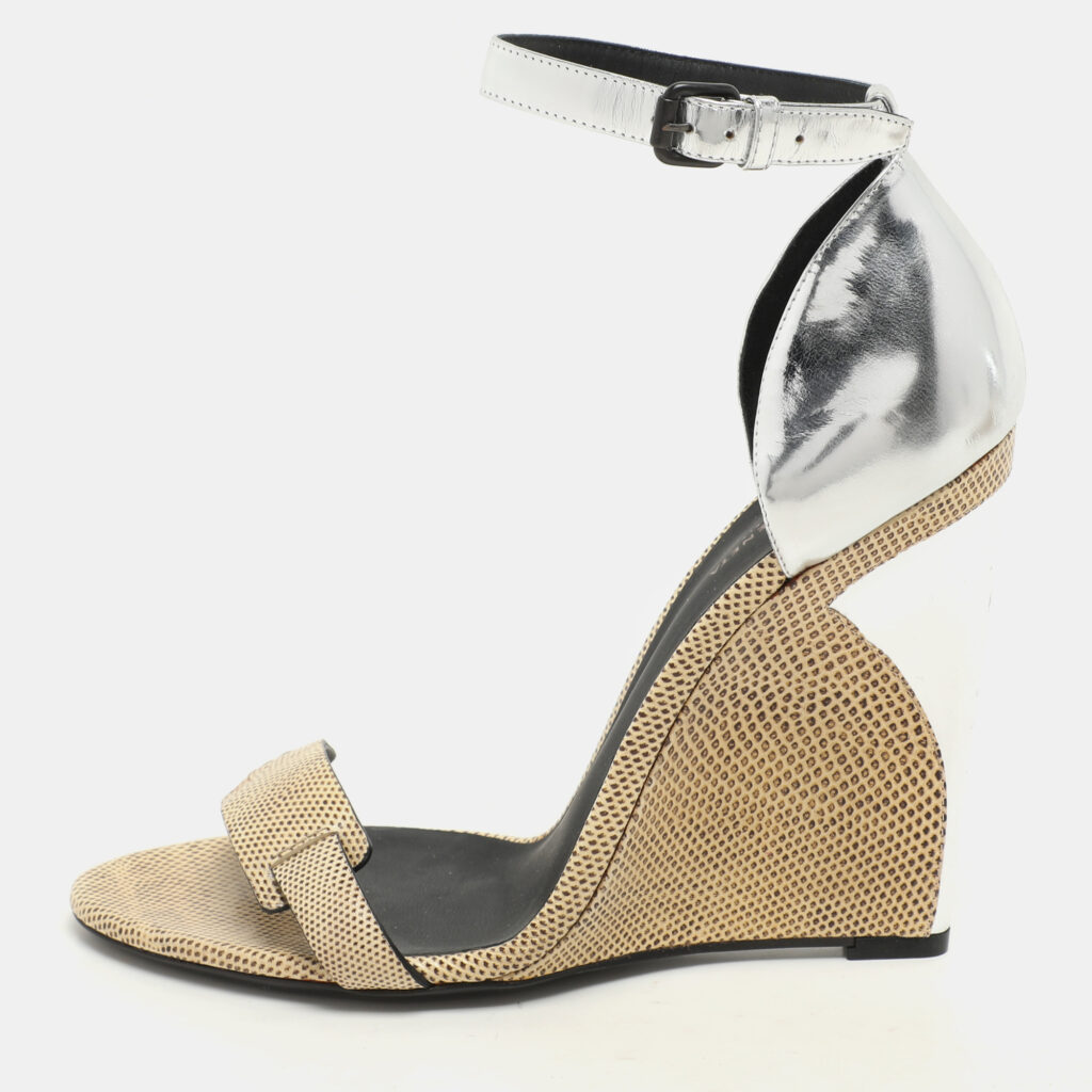 luxury-women-bottega-veneta-used-shoes-p1149407-007 Bottega Veneta Silver Foil Leather and Karung Leather Ankle Strap Wedge Sandals Size 40