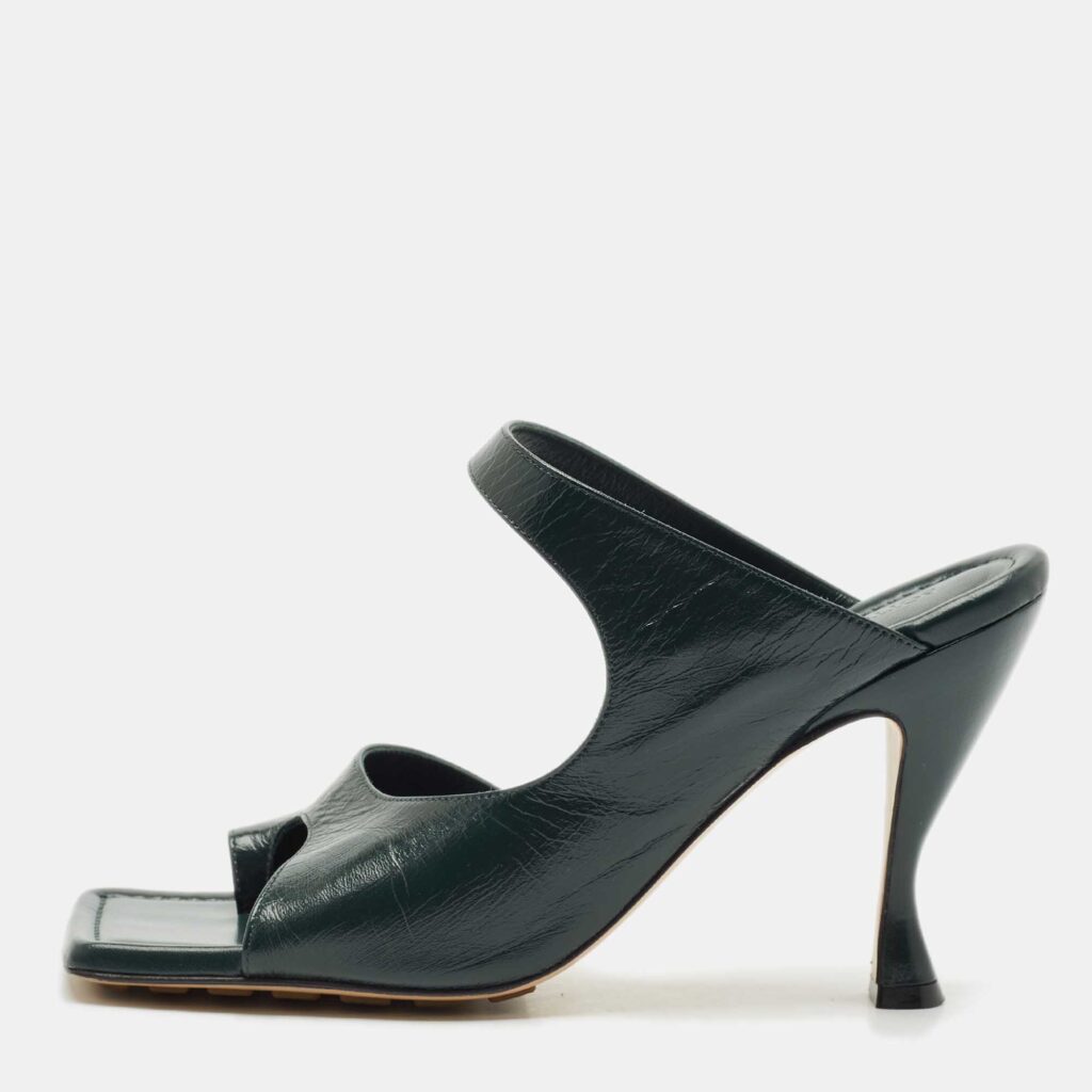luxury-women-bottega-veneta-used-shoes-p1154406-003 Bottega Veneta Dark Green Leather Square Toe Slide Sandals Size 39