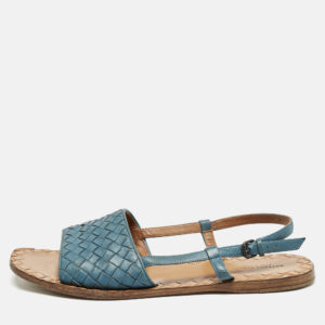 Bottega Veneta Blue Intrecciato Leather Slingback Open Toe Flat Sandals Size 39.5