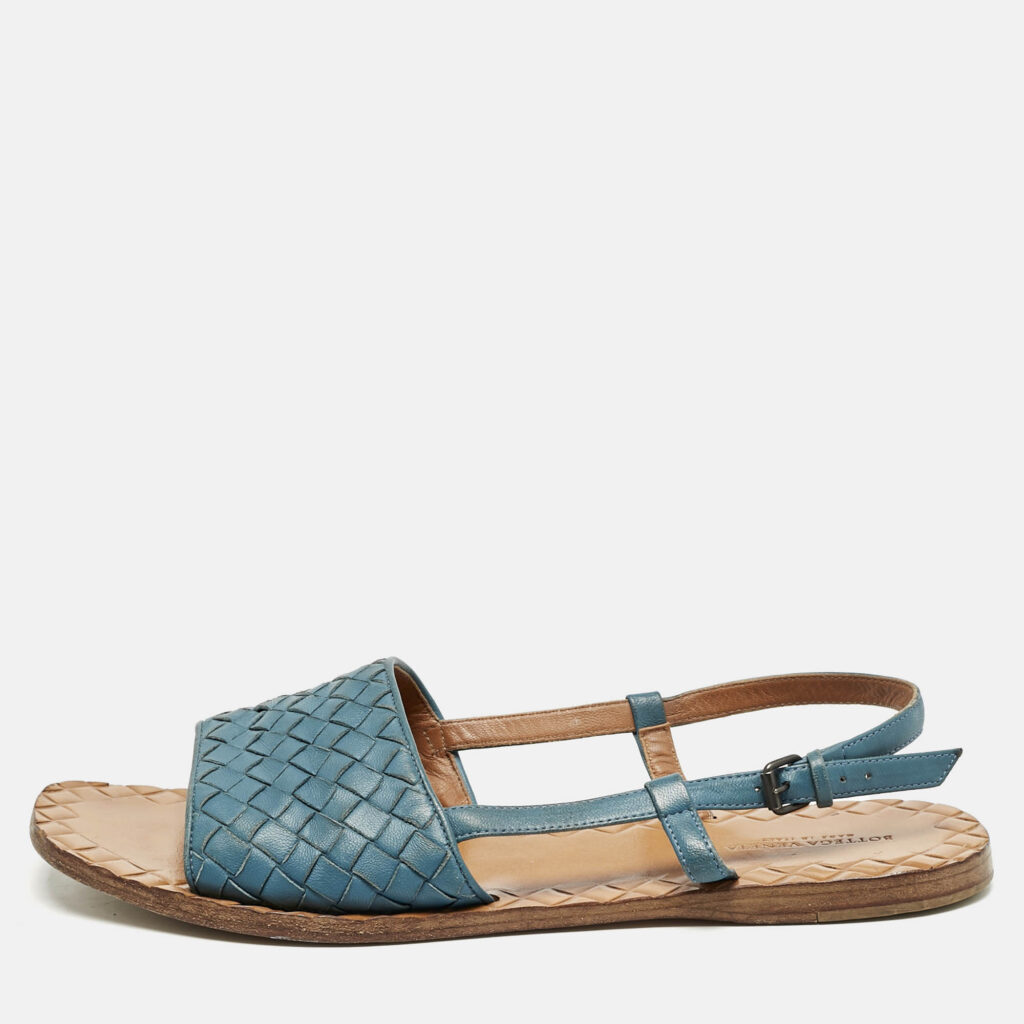 luxury-women-bottega-veneta-used-shoes-p1156561-010 Bottega Veneta Blue Intrecciato Leather Slingback Open Toe Flat Sandals Size 39.5