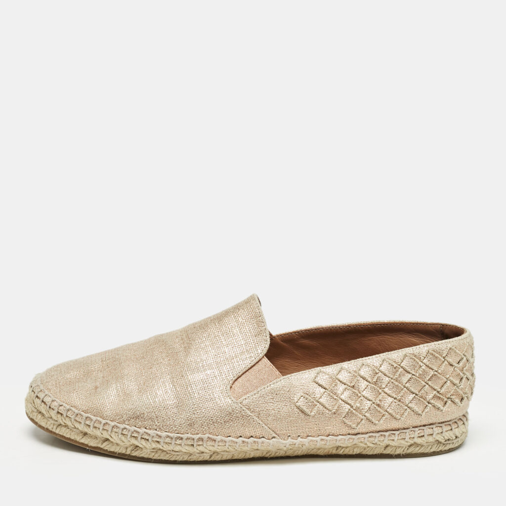luxury-women-bottega-veneta-used-shoes-p1156588-003 Bottega Veneta Metallic Gold Intrecciato Canvas Espadrille Flats Size 40