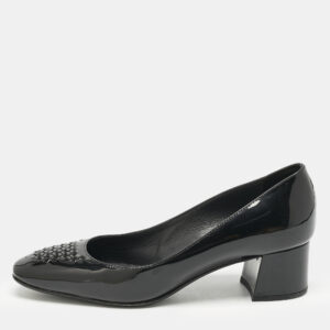 Bottega Veneta Black Intrecciato Patent Leather Block Heel Pumps Size 36.5