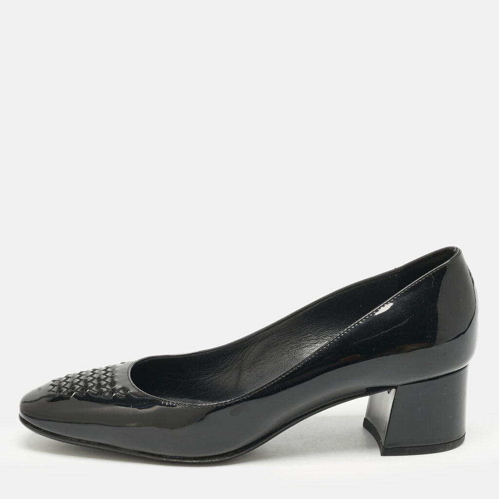 luxury-women-bottega-veneta-used-shoes-p1162030-003 Bottega Veneta Black Intrecciato Patent Leather Block Heel Pumps Size 36.5