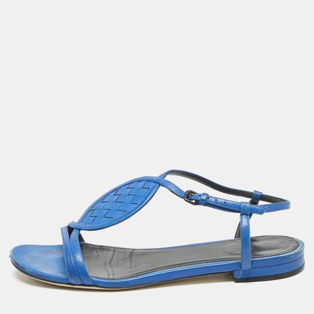 luxury-women-bottega-veneta-used-shoes-p1163334-003 Bottega Veneta Blue Leather Ankle Strap Flat Sandals Size 39