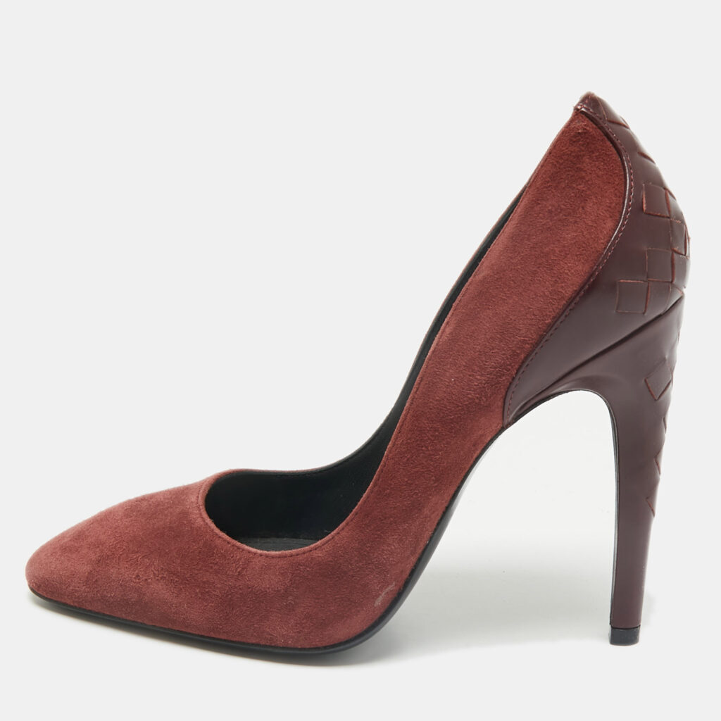 luxury-women-bottega-veneta-used-shoes-p1169407-001 Bottega Veneta Burgundy Intrecciato Leather And Suede Round Toe Pumps Size 37