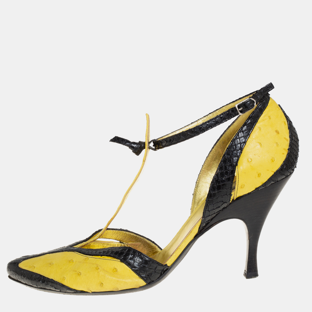 luxury-women-bottega-veneta-used-shoes-p422930-013 Bottega Veneta Yellow/Black Ostrich And Python Ankle Strap Pumps Size 39