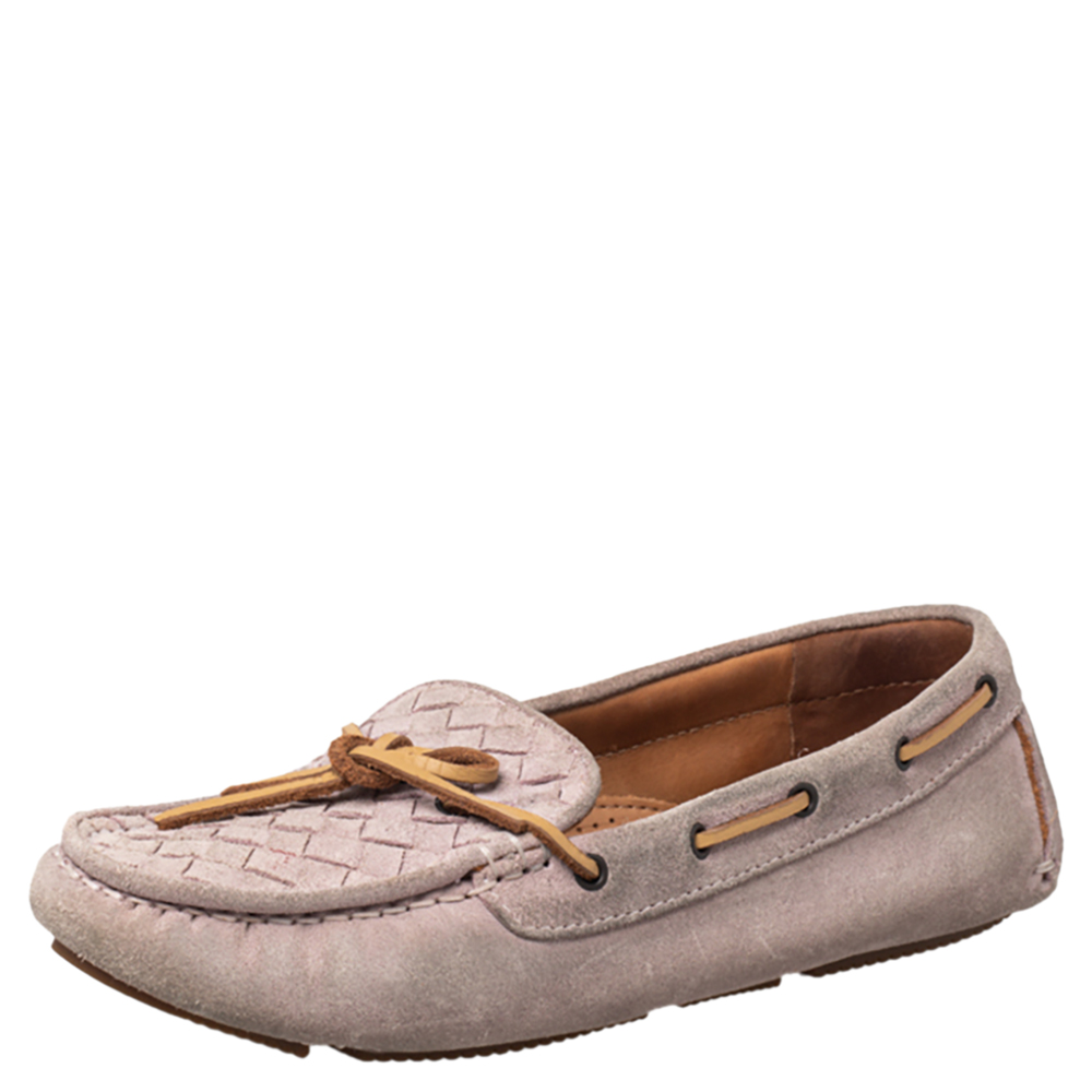 luxury-women-bottega-veneta-used-shoes-p466645-007 Bottega Veneta Pink Intrecciato Suede Bow Slip On Loafers Size 37