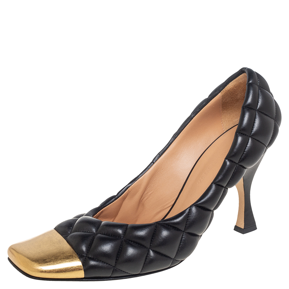 luxury-women-bottega-veneta-used-shoes-p504992-007-2 Bottega Veneta Quilted Black Leather Square Metal Cap Toe Pumps Size 39