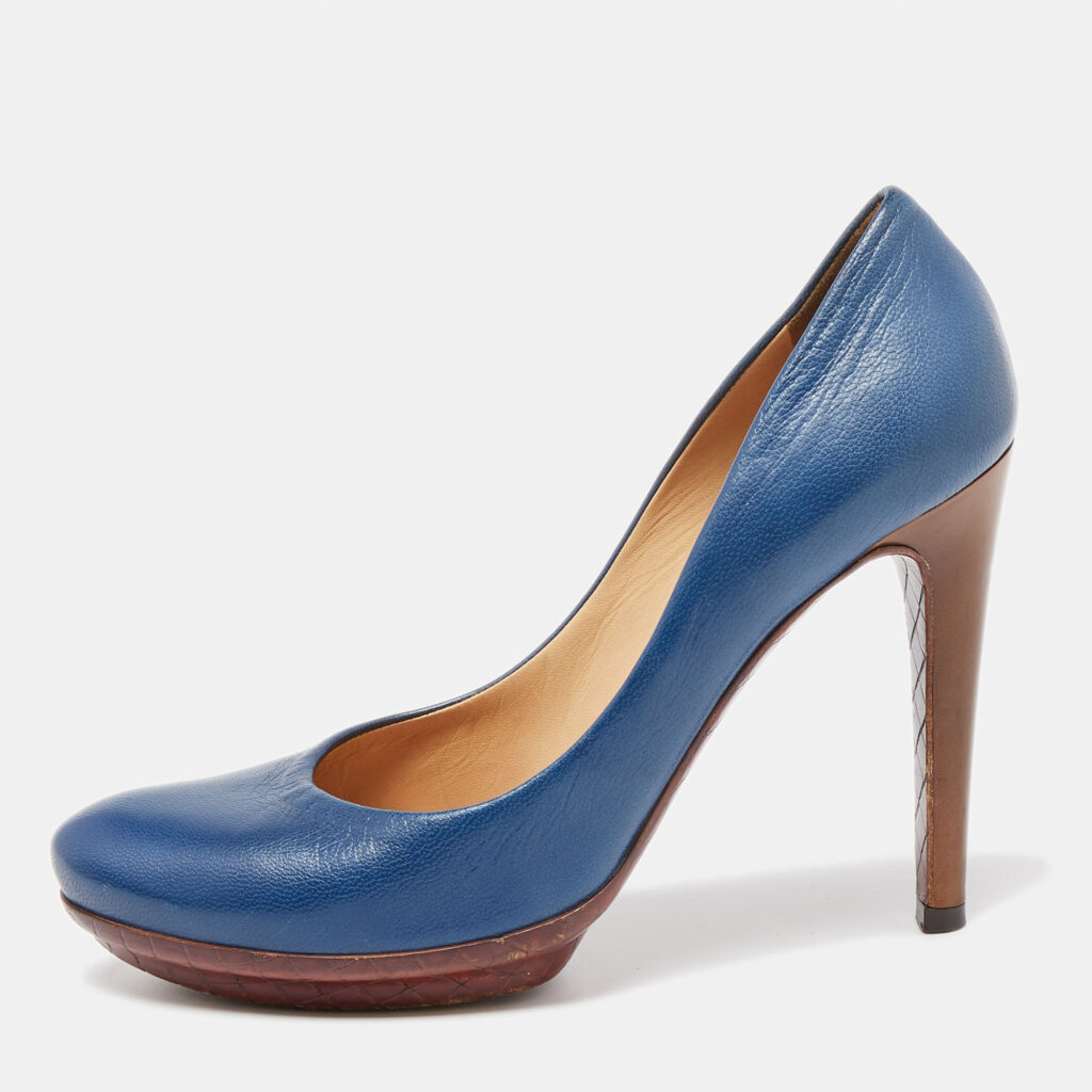 luxury-women-bottega-veneta-used-shoes-p640031-001-1 Bottega Veneta Blue Leather Round Toe Platform Pumps Size 37.5