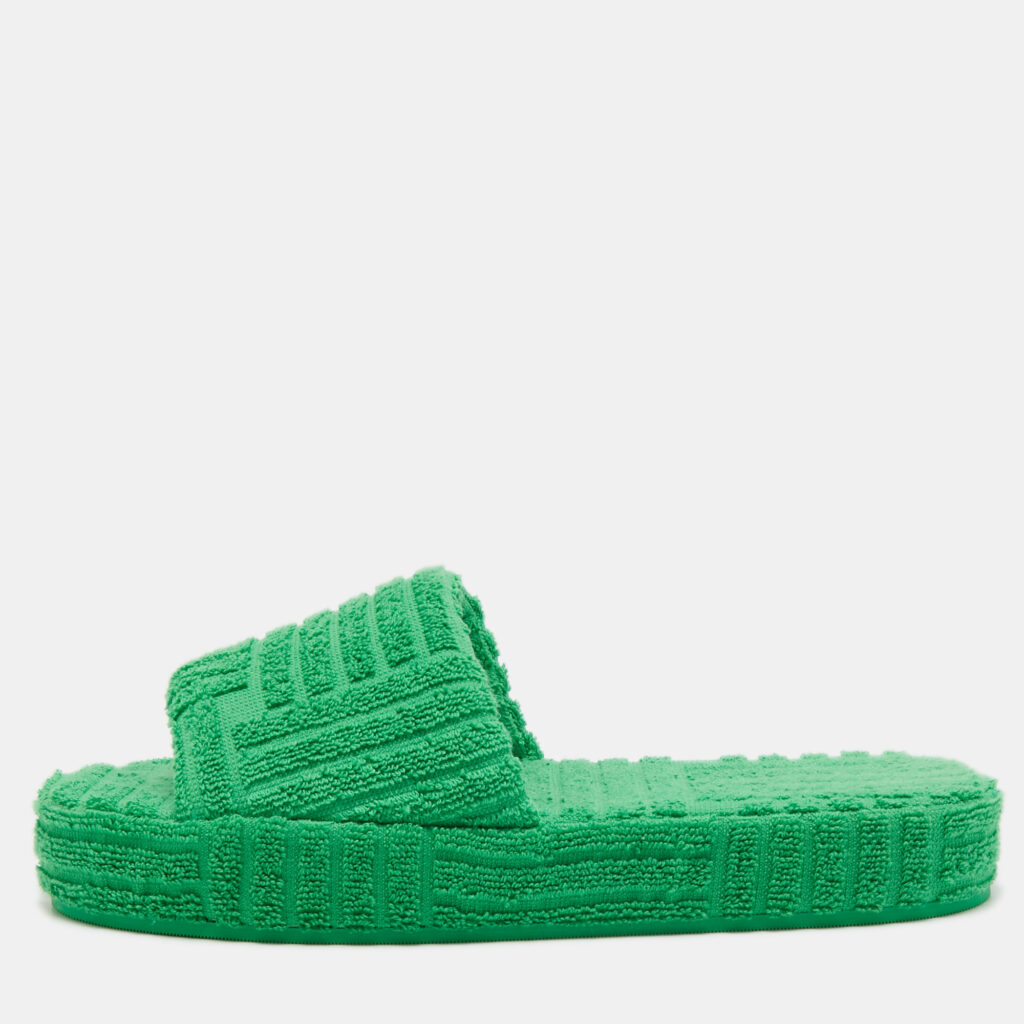 luxury-women-bottega-veneta-used-shoes-p744178-001 Bottega Veneta Green Cotton Fabric Resort Sponge Platform Slides Size 39