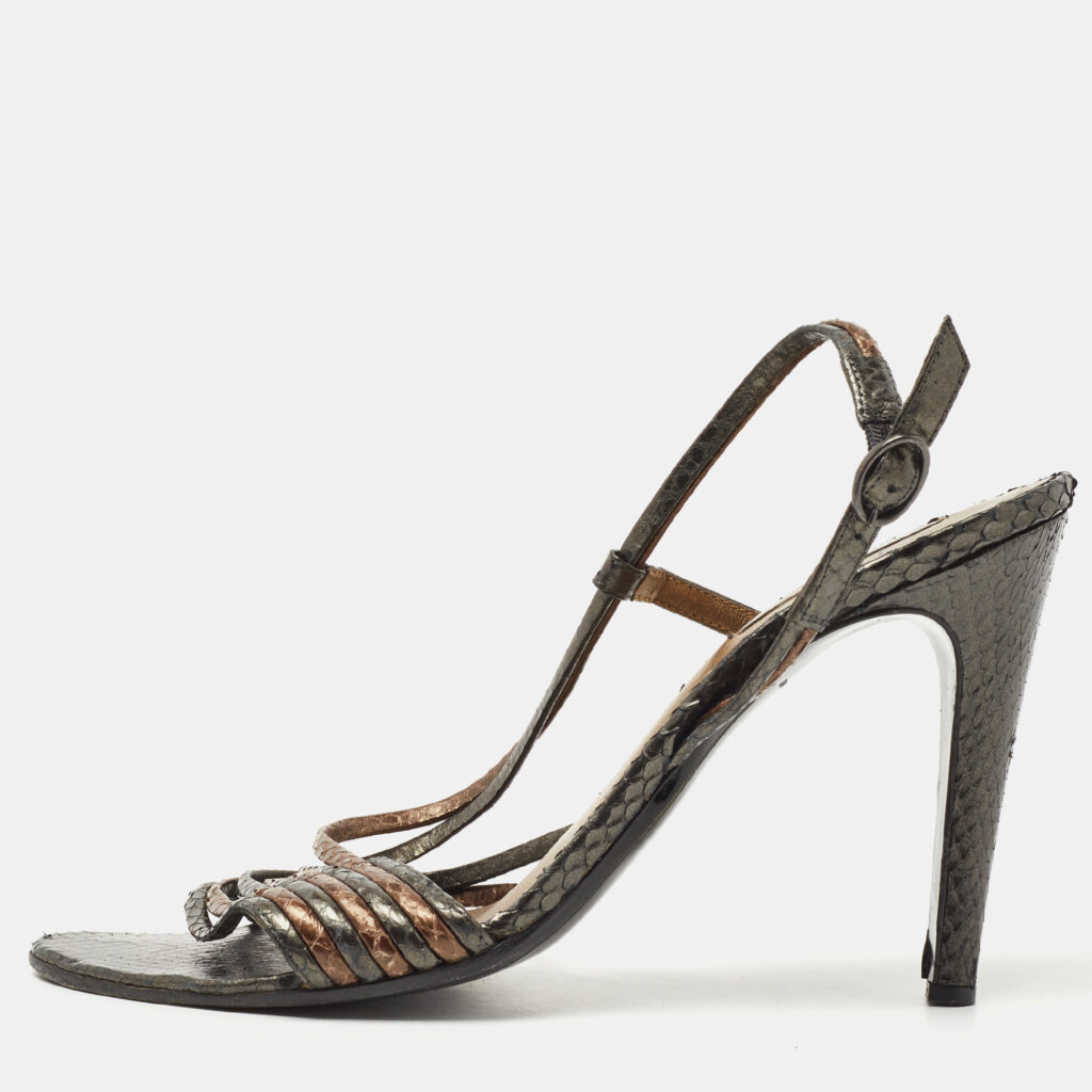 luxury-women-bottega-veneta-used-shoes-p790706-003 Bottega Veneta Metallic Snakeskin Leather Strappy Slingback Sandals Size 40