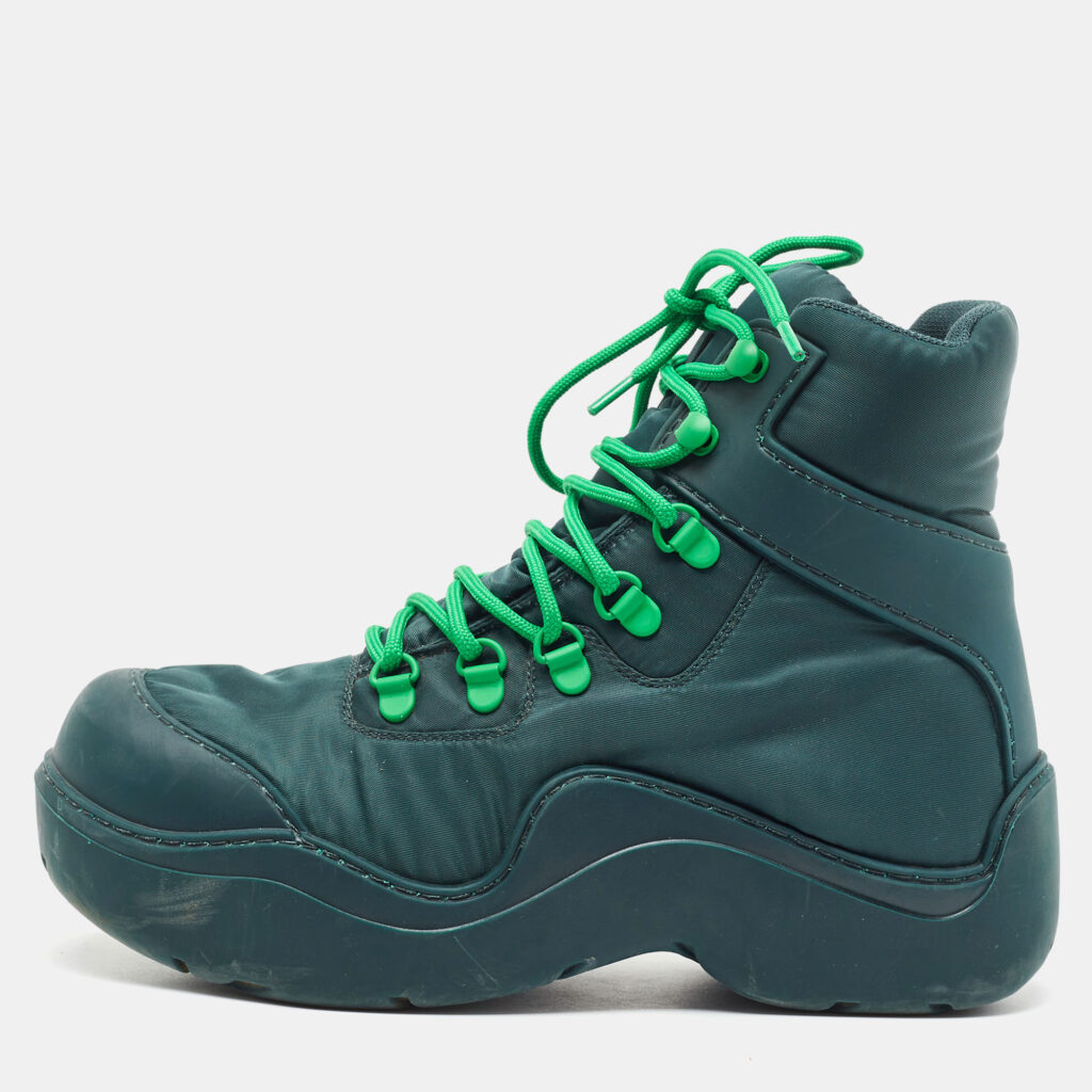 luxury-women-bottega-veneta-used-shoes-p920560-010 Bottega Veneta Green Nylon Puddle Bomber Lace-Up Boots Size 37