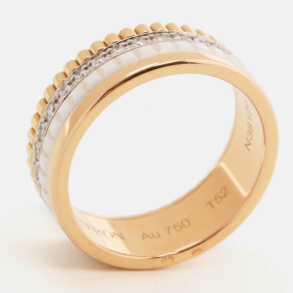 luxury-women-boucheron-used-fine-jewelry-p1092524-001 Boucheron Quatre Classique White Edition Diamonds Ceramic 18k Three Tone Gold Ring Size 52