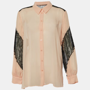 Boutique Moschino Pink Chiffon & Lace Detail Plisse Sleeve Shirt M
